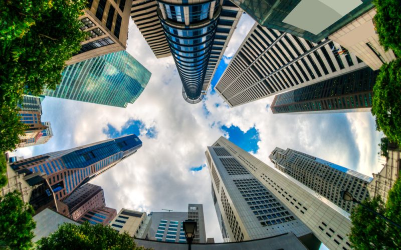 Fish-eye view of Singapore city skyline.